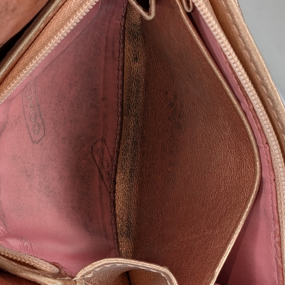 Coach Wallet Signature Canvas Trifold Khaki Brown Rose Gold Metallic Leather - Picture 14 of 14